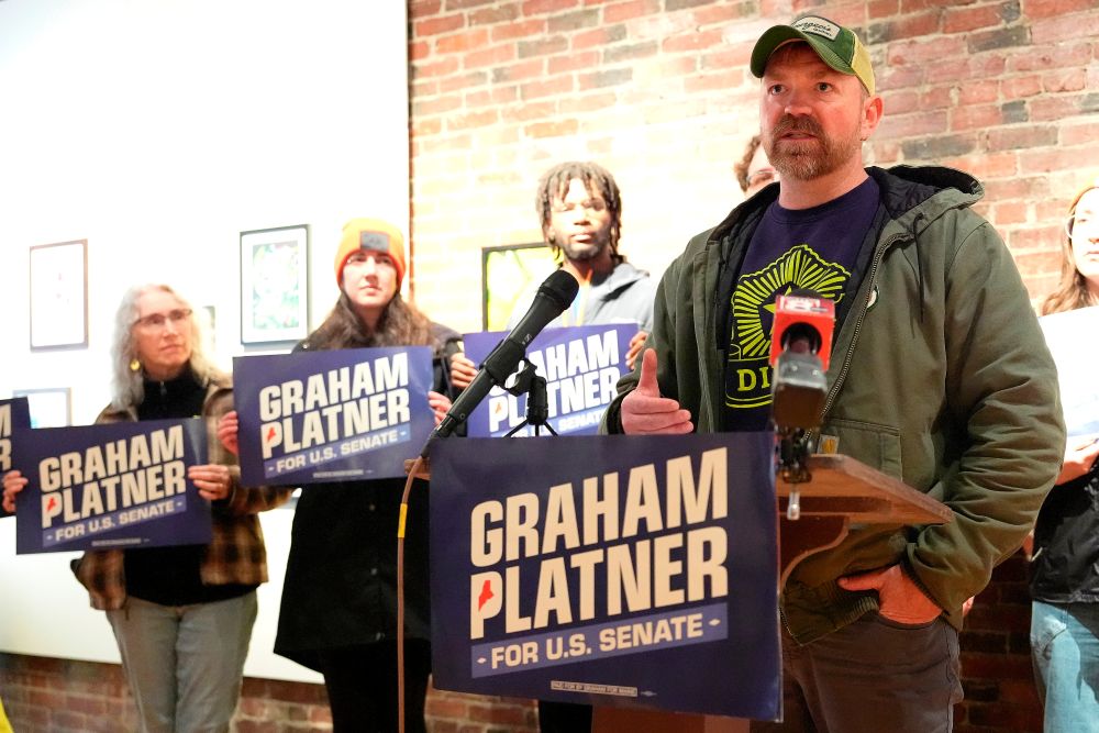 Graham Platner, Democratic candidate for U.S. Senate, speaks at a news conference April 30, 2026, in Lewiston, Maine. Maine Gov. Janet Mills announced dropped out of the Senate race the same day. Platner, the presumptive nominee, faces incumbent Republican U.S. senator Susan Collins, who is running for re-election to a sixth term and is uncontested in the primary. (AP/Robert F. Bukaty)