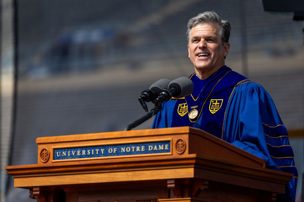 Timothy Shriver speaks at the University of Notre Dame graduation ceremony May 17. Shriver received the Laetare Medal for his leadership with the Special Olympics (University of Notre Dame/Michael Caterina)