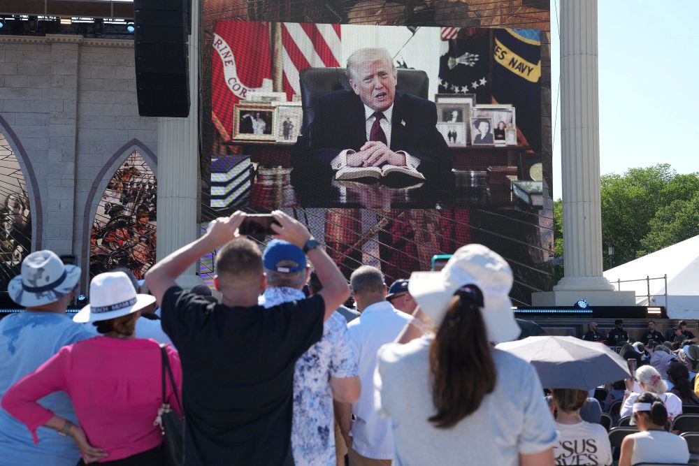 U.S. President Donald Trump speaks during a video message originally shared at an April event and played at "Rededicate 250: A National Jubilee of Prayer, Praise & Thanksgiving" at the National Mall in Washington, May 17, 2026. (OSV News/Reuters/Eric Lee)