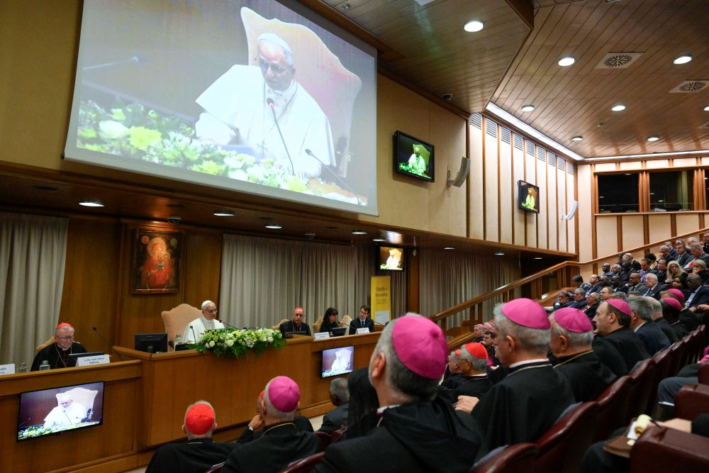 Pope Leo XIV speaks during the presentation of "Magnifica Humanitas" at the Vatican's Synod Hall May 25, 2026, the first encyclical of his papacy, which focuses on the rise of artificial intelligence. (OSV News Vatican Media/Simone Risoluti)