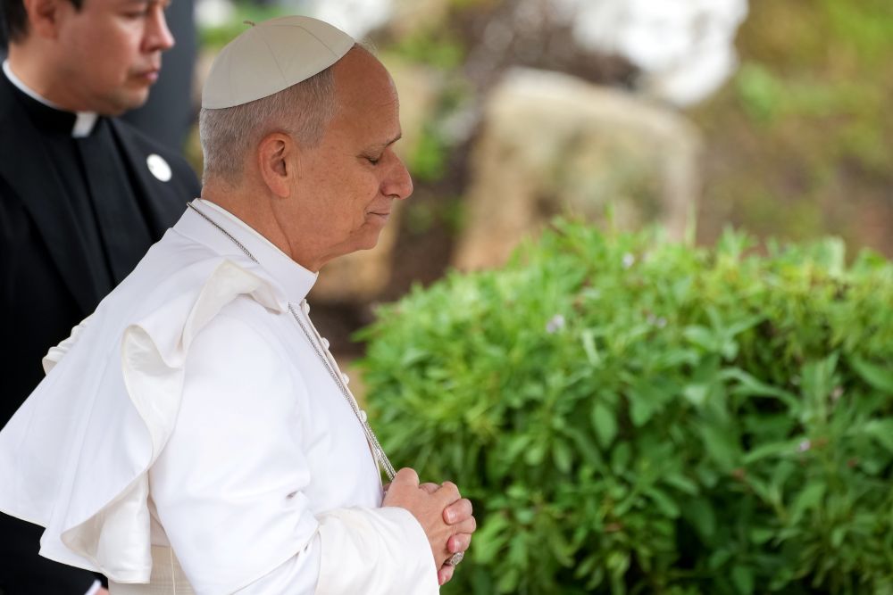 Pope Leo XIV prays during a visit to the archaeological site of Hippo in Annaba, Algeria, April 14, 2026. The site represents the ancient city where St. Augustine, the founder of the pope's religious order, served as bishop in the 4th century. (CNS/Lola Gomez)