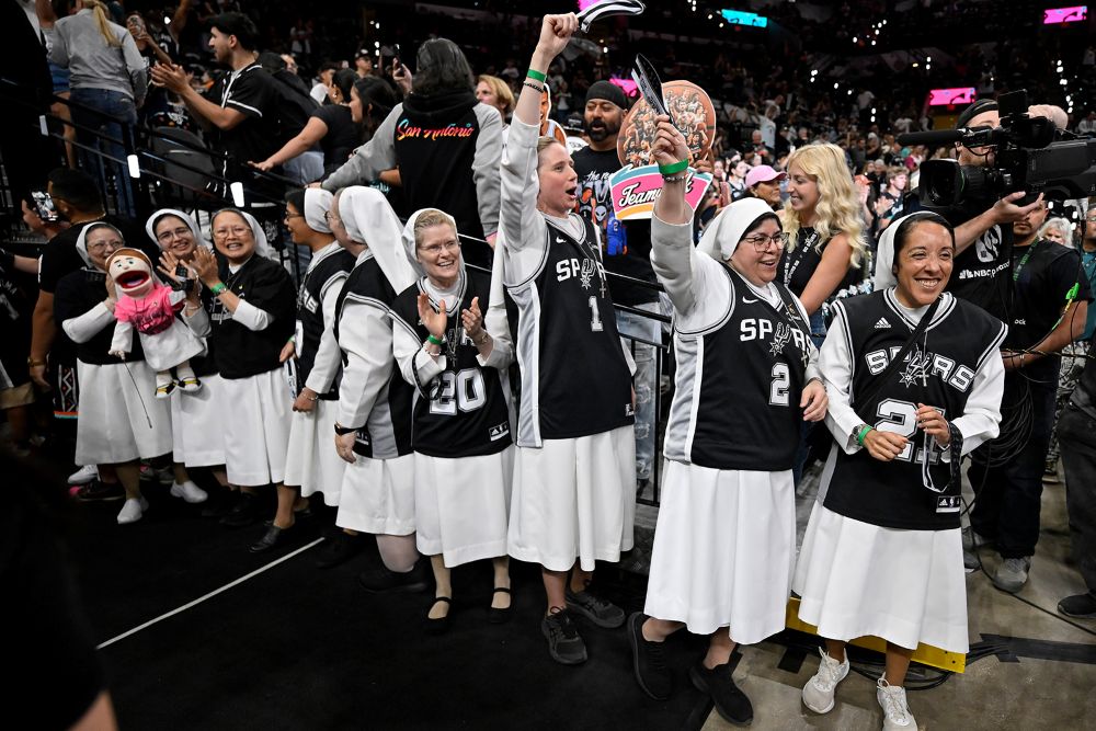 Nuns cheer before the first half of Game 6 in the Western Conference finals NBA basketball playoffs series between the San Antonio Spurs and the Oklahoma City Thunder, Thursday, May 28, 2026, in San Antonio. (RNS/AP/Darren Abate)