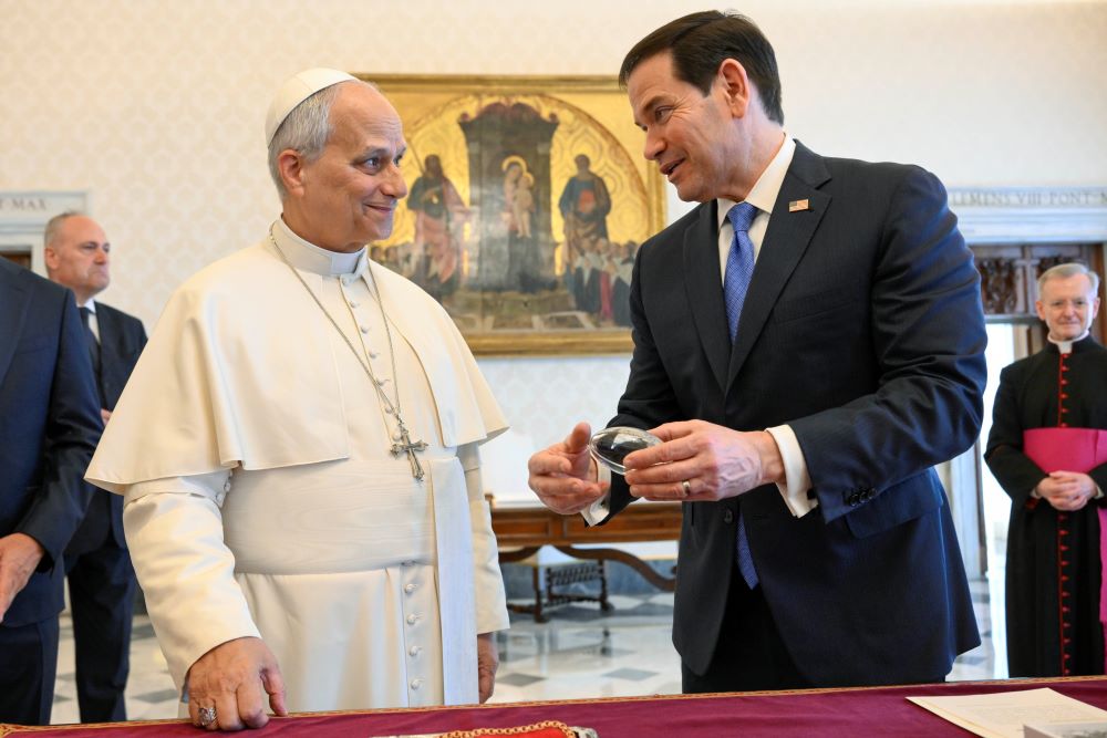 Pope Leo XIV and U.S. Secretary of State Marco Rubio smile during a private audience at the Vatican May 7, 2026. (OSV News/Vatican Media/Simone Risoluti)