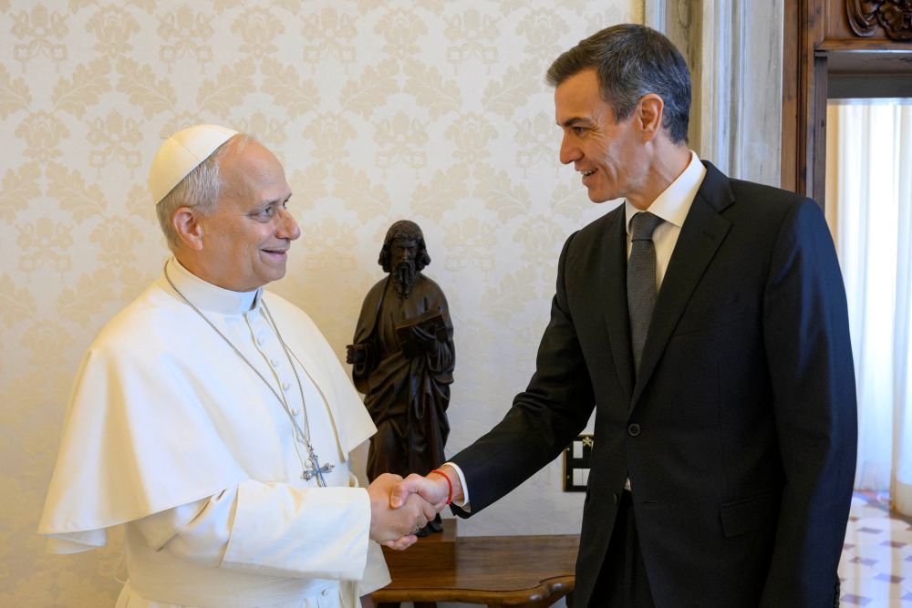 Pope Leo XIV greets Spanish Prime Minister Pedro Sanchez during a private audience at the Vatican May 27, 2026. Pope Leo will make an apostolic journey to Spain June 6-12 to address the immigration crisis, inaugurate the Sagrada Familia basilica's Tower of Jesus Christ, and strengthen ties with the Spanish government and Spaniards. (OSV News/Vatican Media/Simone Risoluti)