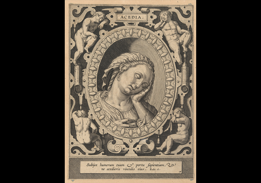 "Sloth (Acedia), from The Seven Vices," a pre-1612 print engraving by Hieronymus (Jerome) Wierix, after Philips Galle (Metropolitan Museum of Art)