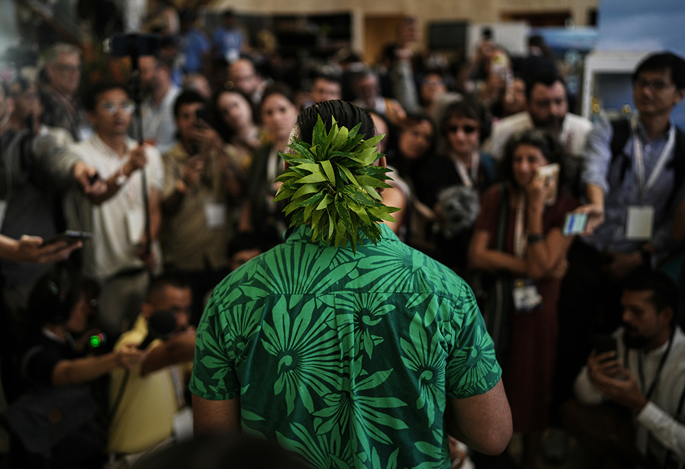 Joseph Sikulu, an activist from Tuvalu, talks during a conference aimed at transitioning away from fossil fuels, April 29, 2026, in Santa Marta, Colombia. (AP photo/Ivan Valencia)