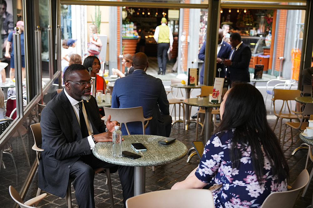 Chicago's Mayor Brandon Johnson attends an interview in a cafe in Rome May 29, 2026. (AP Photo/Alessandra Tarantino)