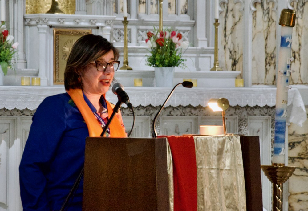Keynote speaker Natalia Imperatori-Lee speaks Friday, May 22, 2026, at the Women's Ordination Conference's 50th anniversary celebration in Detroit. (NCR photo/Dan Stockman)