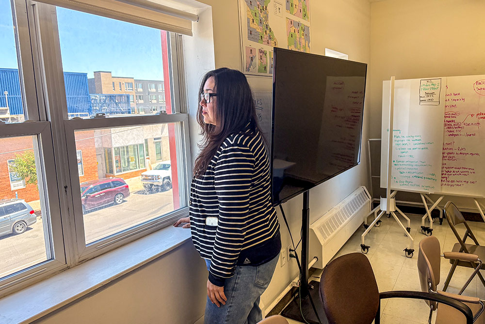 Emilia Gonzalez, executive director of Unidos MN, in her office at Mercado Central in South Minneapolis in May 2026 (NCR photo/Camillo Barone)