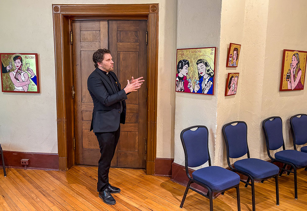 Jesuit artist Nicholas Leeper during a press walkthrough for his exhibition "Twilight of the Idols" in St. Mary Chapel at St. Francis Xavier Church in New York, May 13, 2026 (NCR photo/Camillo Barone)