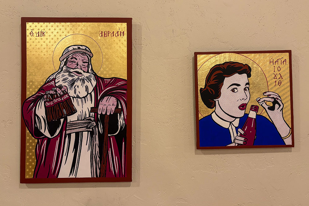 "Santa Abraham (The Three Strangers)" and "Judith Beheading Holofernes," artworks displayed at the "Twilight of the Idols" exhibition in St. Mary Chapel at St. Francis Xavier Church in New York, May 2026 (NCR photo/Camillo Barone)