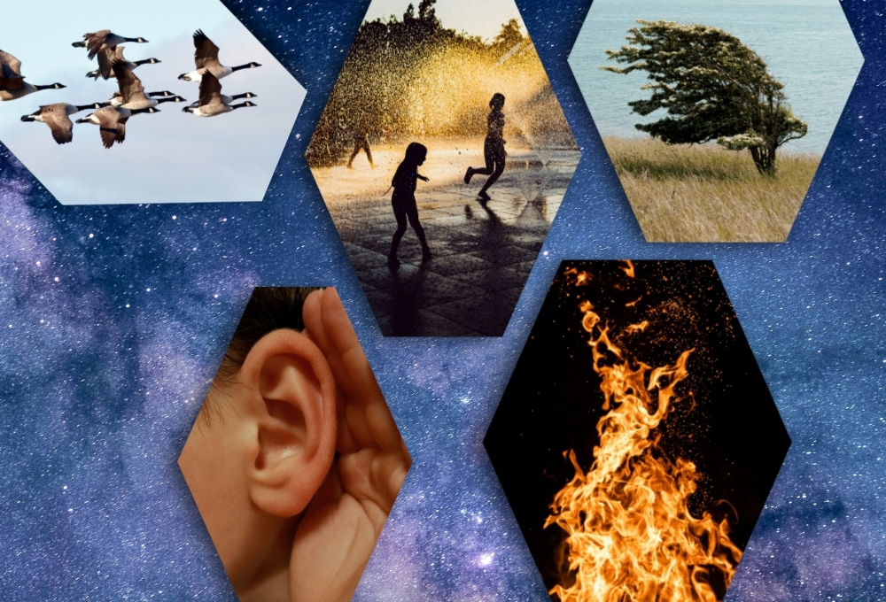 Collage with geese, children, wind, fire, listening (NCR graphic/Unsplash photos/Jeremy Thomas; James Wainscoat; Ivan Lopatin; Karl Hornfeldt; Tobias Rademacher; Aurora K.)