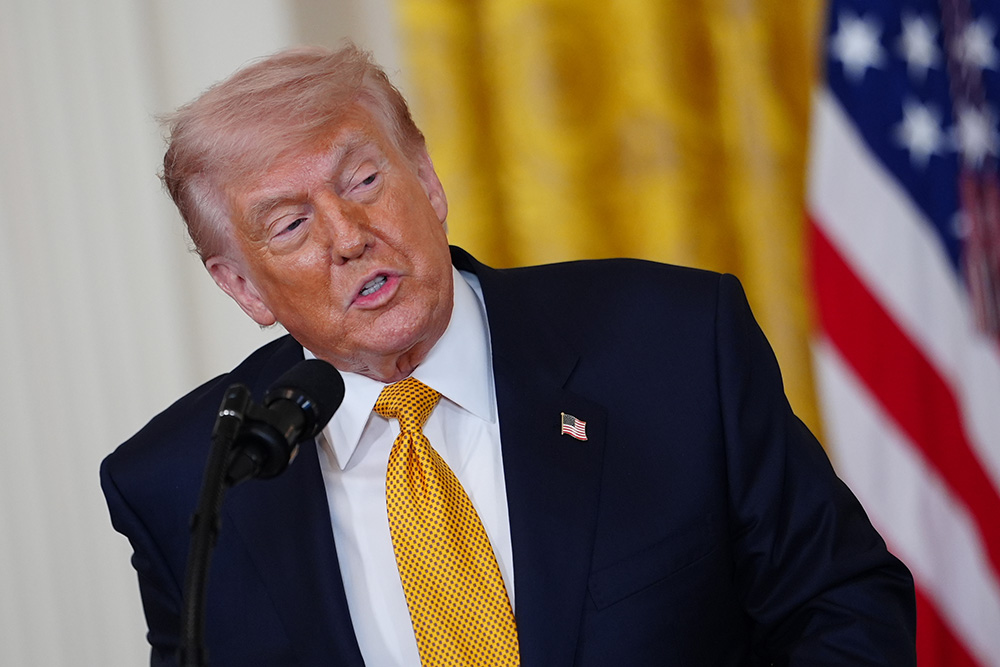President Donald Trump speaks during an event for military mothers in the East Room of the White House May 6, 2026, in Washington. (AP/Julia Demaree Nikhinson)