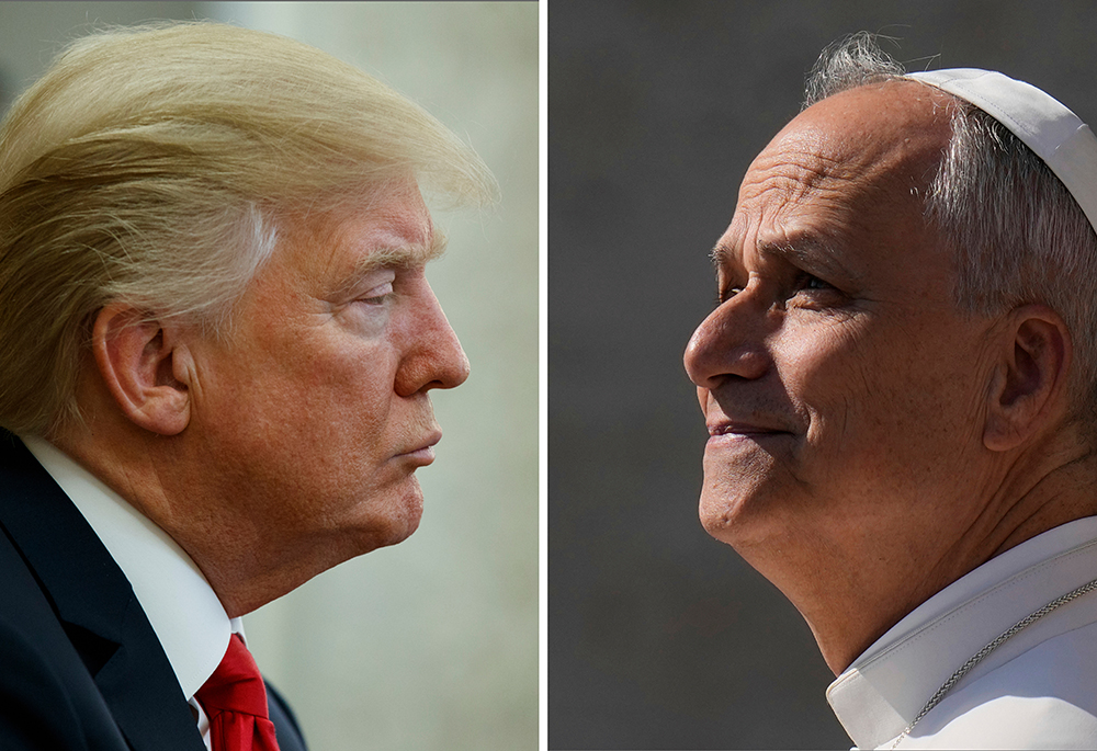 This combination file photos show on left, President Donald Trump listening during a meeting in the Oval Office of the White House, on Feb. 2, 2018, in Washington and on right, Pope Leo XIV arriving for his weekly general audience in St. Peter's Square, at the Vatican, on Aug. 6, 2025. (AP photos/Evan Vucci and Gregorio Borgia, file)