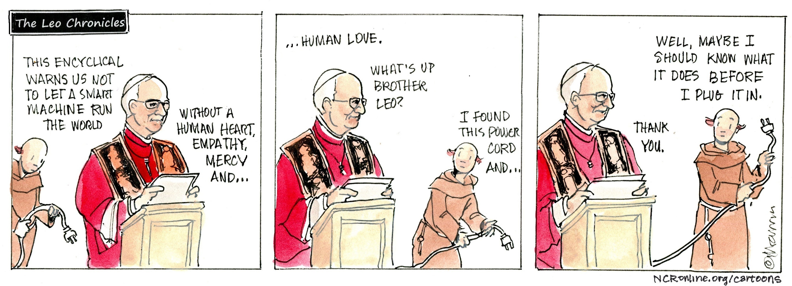 As Pope Leo's encyclical launches, Brother Leo finds a power cord.