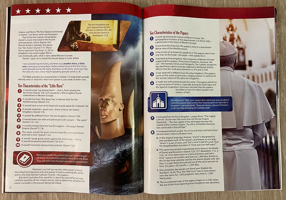 The inside of the magazine "Religious Freedom and America in Bible Prophecy: The Future of Earth's Last Superpower Revealed" (Courtesy of Emma Cieslik)