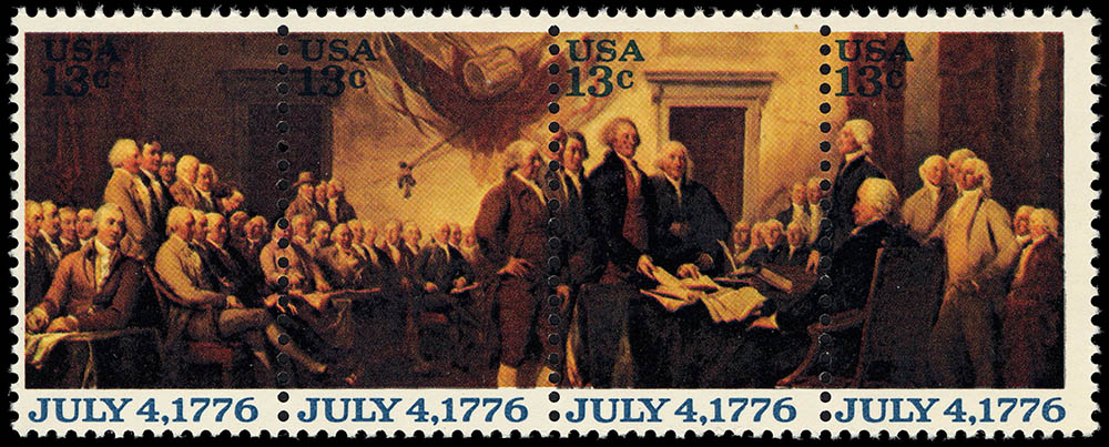 A strip of four 13-cent stamps pictures the signing of the Declaration of Independence. The stamps were issued at the bicentennial in 1976. (Wikimedia Commons/National Postal Museum)