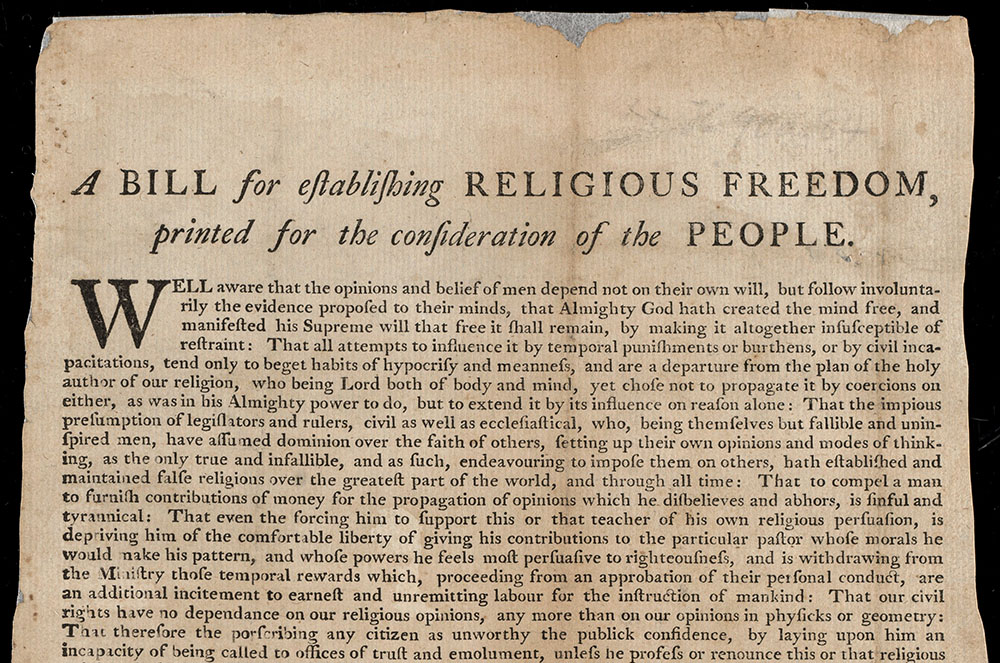 Detail of "A bill for establishing religious freedom : printed for the consideration of the people," from the Virginia House of Delegates in 1779 (Digital Commonwealth)