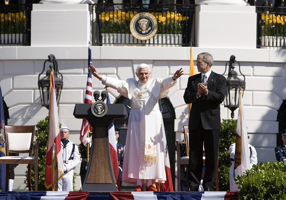 Pope Benedict XVI is greeted by U.S. President George W. Bush during a welcoming ceremony on the South Lawn of the White House in Washington April 16, 2008. (CNS/Reuters/Joshua Roberts)