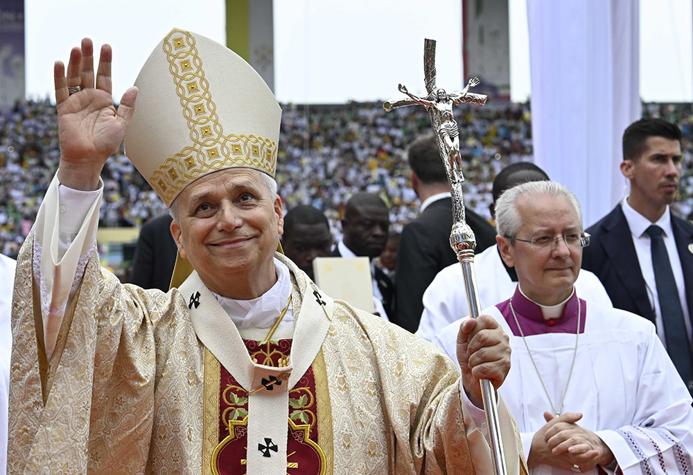 Pope Leo XIV waves as he arrives to celebrate the final Mass of his apostolic journey to Africa at Malabo Stadium in Equatorial Guinea April 23, 2026. (OSV News/Vatican Media/Simone Risoluti)