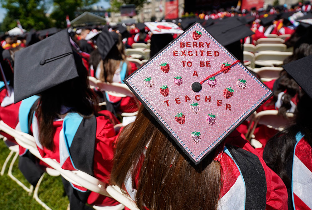 A member of the St. John's University class of 2026 uses her mortarboard to share a message about her future career during commencement ceremonies May 17, 2026, at the Vincentian school's campus in the Jamaica section of the New York borough of Queens. (OSV News/Gregory A. Shemitz)