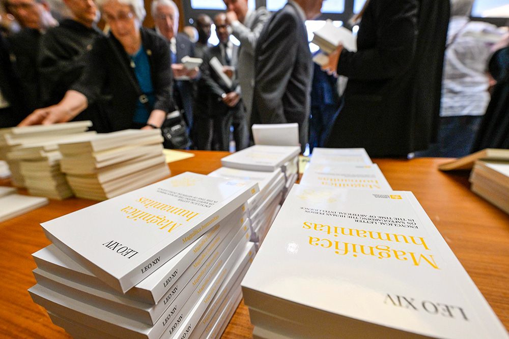 Copies of Magnifica Humanitas are seen at the Vatican's Synod Hall May 25, 2026. (OSV News/Vatican Media/Simone Risoluti)