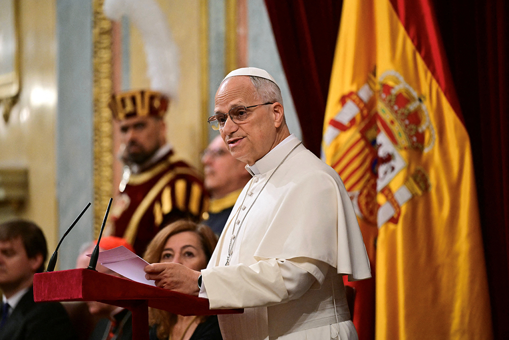 Pope Leo XIV delivers a speech during a joint session of the Spanish Parliament at the Congress of Deputies in Madrid, June 8, 2026, during his June 6-12 apostolic journey to Spain. (OSV News/Stefano Rellandinii, pool via Reuters)