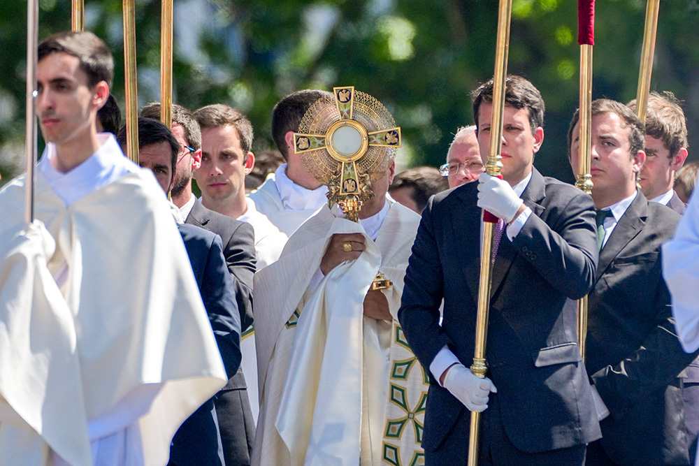 Pope Leo XIV takes part in the Corpus Christi procession at the Plaza de Cibeles in Madrid June 7. (CNS/Lola Gomez)