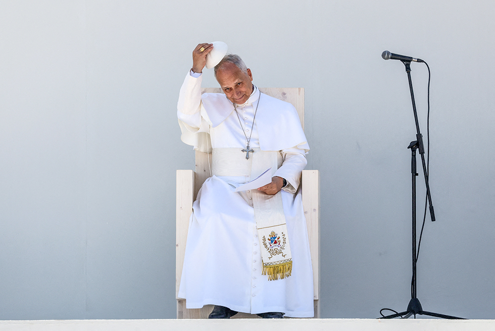 Pope Leo XIV puts on his zuchetto at the Plaza del Cristo de La Laguna, Tenerife, Canary Islands, Spain, June 12, 2026. (OSV News/Reuters/Yara Nardi)