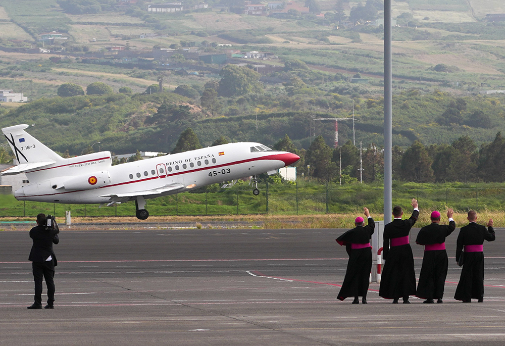 The plane provided by King Felipe VI of Spain departs Tenerife Norte-Los Rodeos Airport June 12, 2026, carrying Pope Leo XIV to Rome at the conclusion of his apostolic journey in Spain. (CNS/Lola Gomez)