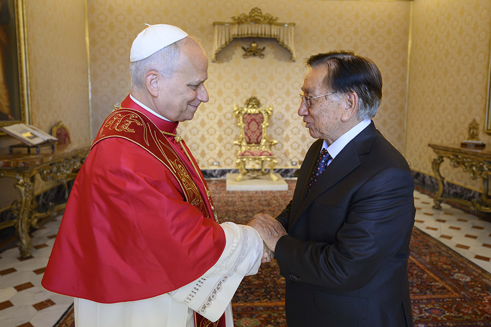 Pope Leo XIV greets Peruvian President José María Balcázar June 18, 2026, at the Vatican. (OSV News/Vatican Media/Simone Risoluti)