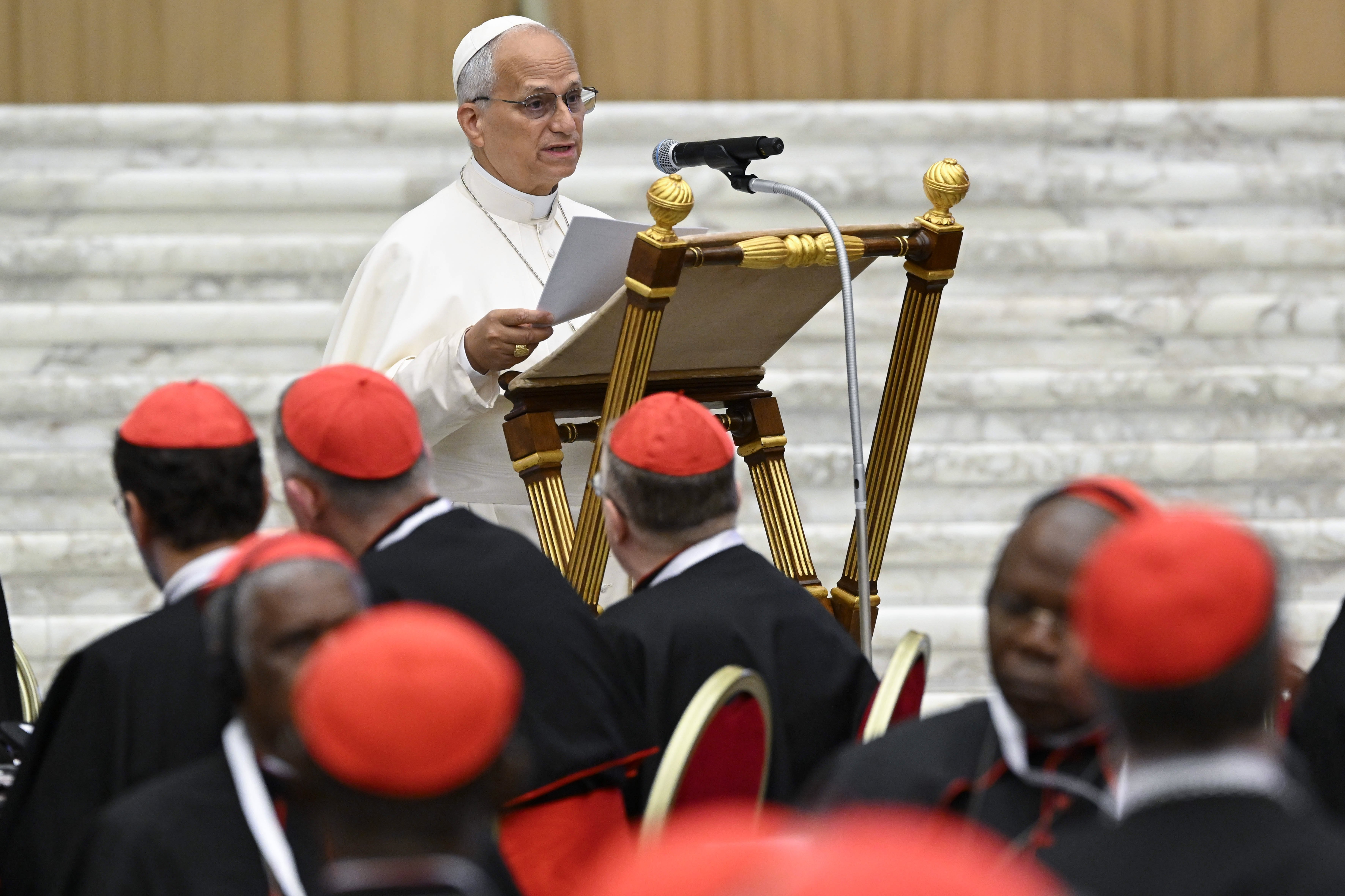 Pope Leo XIV addresses cardinals gathered for the opening working session of his second consistory in the Paul VI Audience Hall at the Vatican June 26, 2026. (CNS photo/Vatican Media)