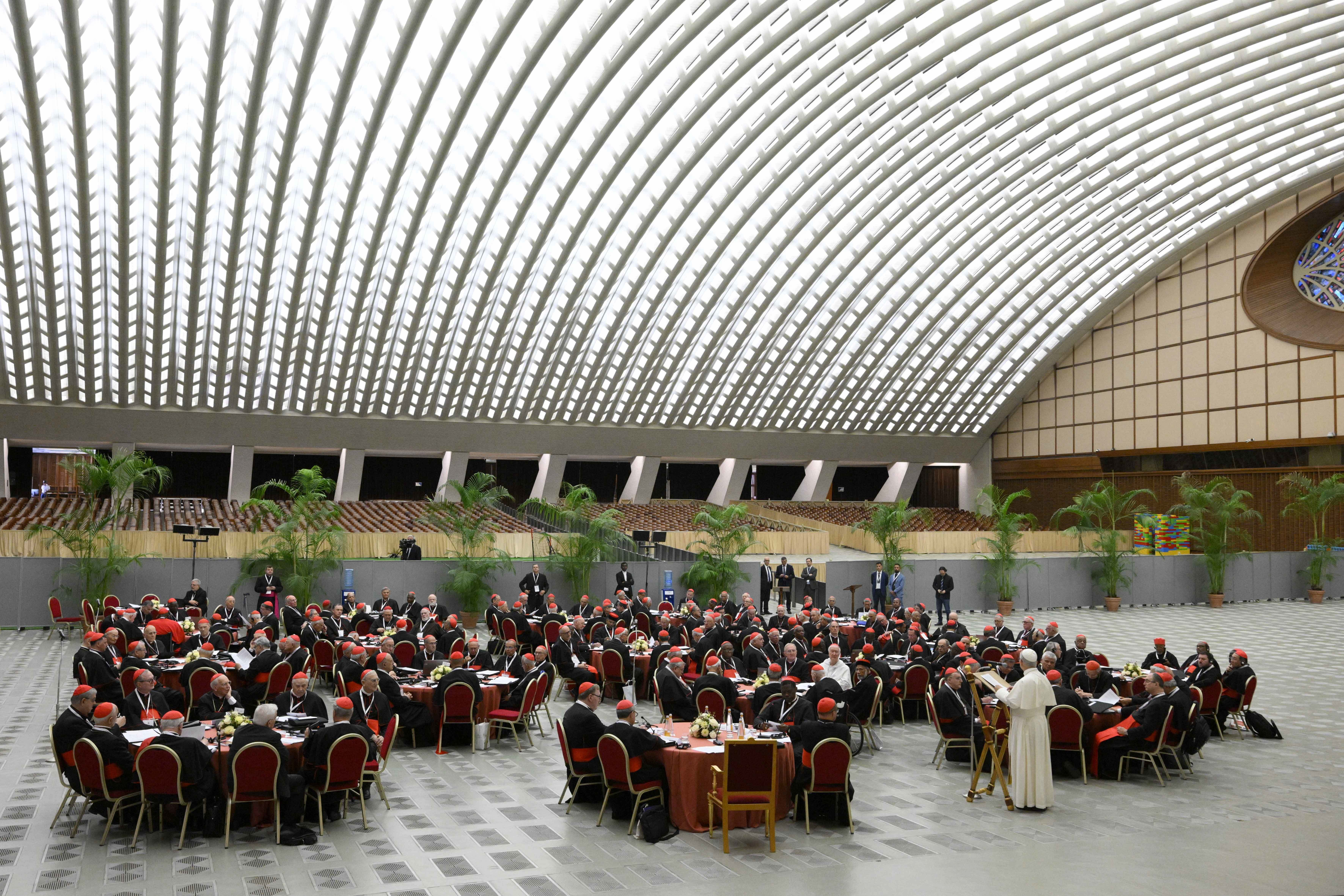 Pope Leo XIV addresses cardinals gathered for the opening working session of his second consistory in the Paul VI Audience Hall at the Vatican June 26, 2026. (CNS photo/Vatican Media)