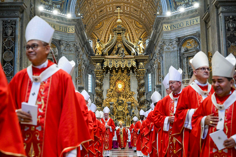 Prelates process after Pope Leo XIV celebrated Mass with the blessing and imposition of the pallium on new metropolitan archbishops on the feast of Sts. Peter and Paul in St. Peter's Basilica at the Vatican June 29, 2026. (OSV News/Vatican Media/Simone Risoluti)