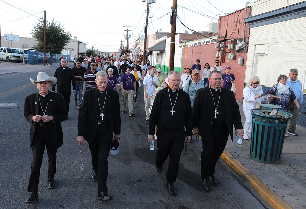 Bishop Mark J. Seitz of El Paso, Texas, Archbishop John C. Wester of Santa Fe, New Mexico, Phoenix Bishop John P. Dolan, and Bishop James A. Misko of Tucson, Arizona, lead a procession following Border Mass 250, at Sacred Heart Church in Nogales, Arizona, June 26, 2026. (OSV News/Bob Roller)