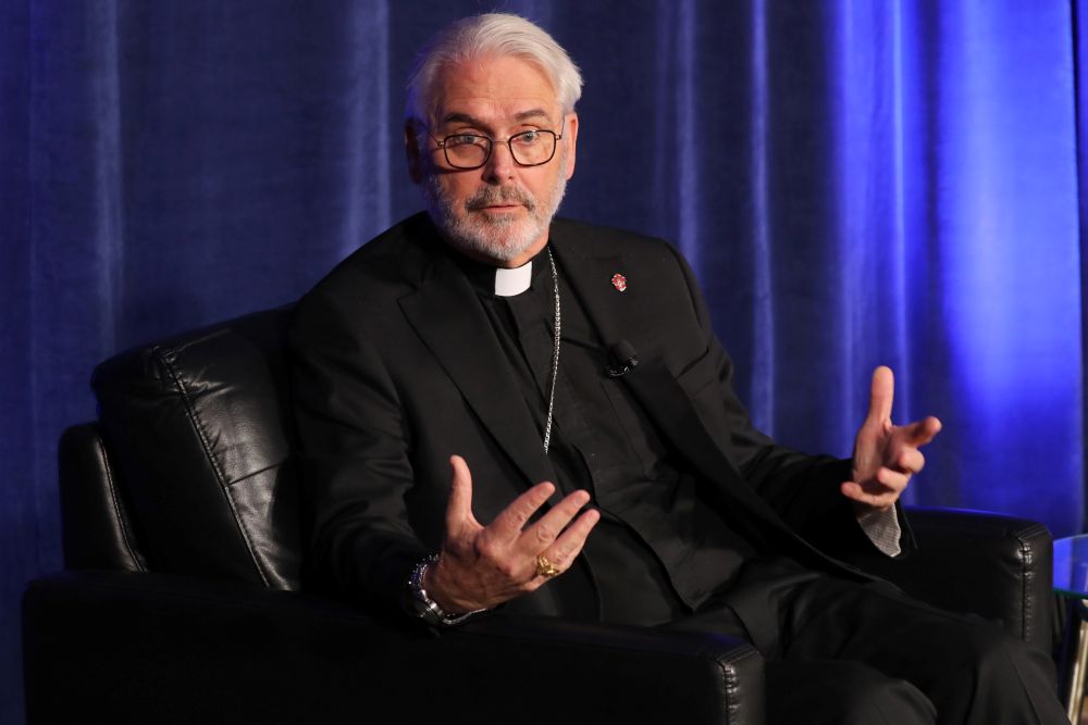 Archbishop Paul Coakley of Oklahoma City, president of the U.S. Conference of Catholic Bishops, gestures during a news briefing during a June 10, 2026, session of the annual spring meeting of the USCCB in Orlando, Fla. (OSV News/Bob Roller)