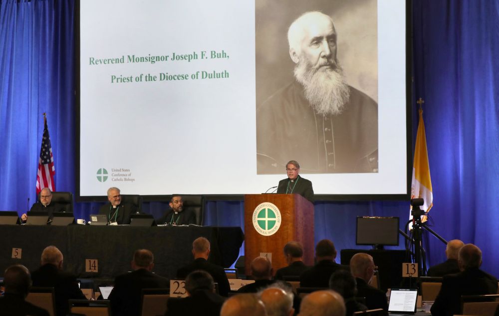 Bishop Daniel Felton of Duluth, Minn., speaks about the sainthood cause for Msgr. Joseph Francis Buh during a June 10, 2026, session of the annual spring meeting of the U.S. Conference of Catholic Bishops in Orlando, Fla. Buh was a missionary priest who served Northeastern Minnesota and his cause was first opened in 2023. (OSV News/Bob Roller)