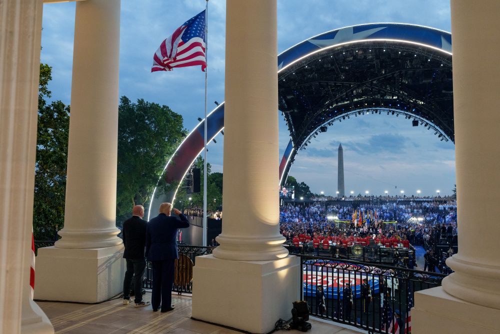 President Donald Trump and UFC CEO Dana White observe the National Anthem before the UFC Freedom 250, the mixed martial arts event produced by the Ultimate Fighting Championship June 14, 2026, in the Grand Foyer of the White House. (White House/Abe McNatt)