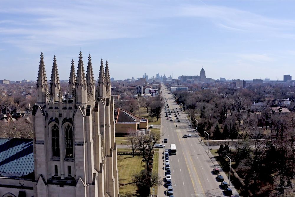 The Cathedral of the Most Blessed Sacrament is pictured against the Detroit skyline in this undated photo. (OSV News/Courtesy Archdiocese of Detroit)