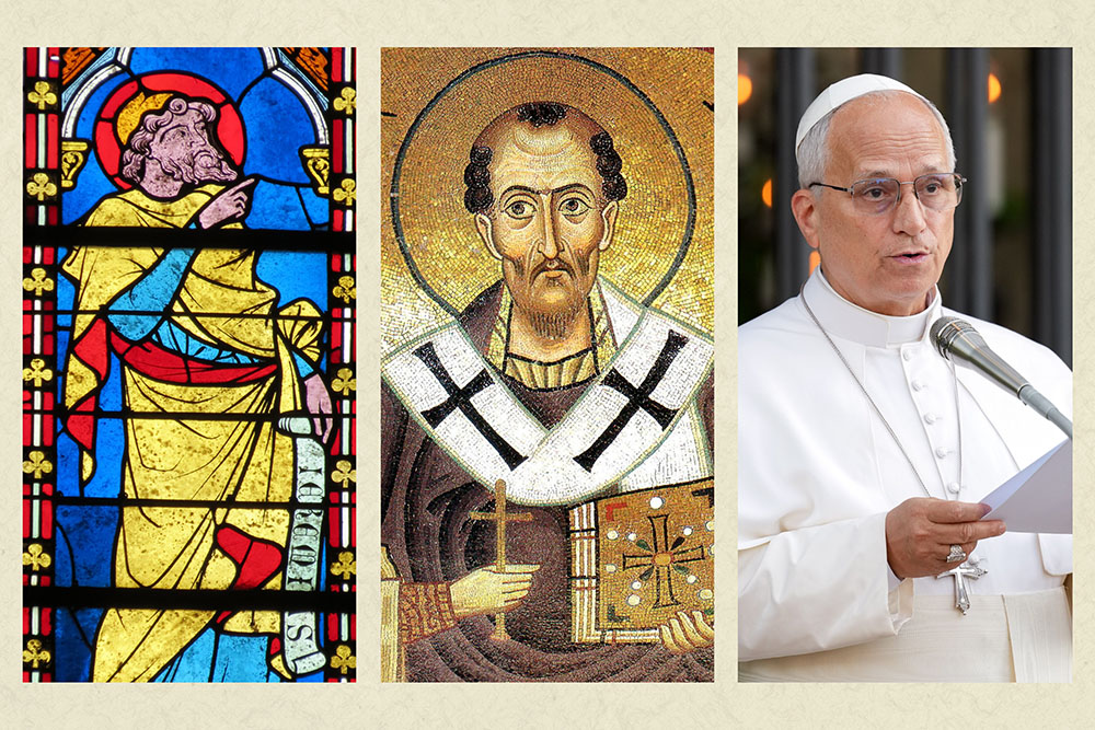 From left: The prophet Jeremiah in stained glass (Wikimedia Commons/Giogo); St. John Chrysostom in mosaic (Wikimedia Commons); Pope Leo XIV at a worldwide rosary for peace, held in the Vatican Gardens May 30, 2026 (CNS/Lola Gomez)