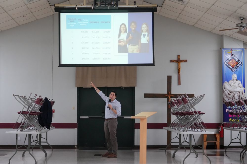 Oscar Ortiz, representing the Catholic Diocese of Fort Worth, speaks at St. George Catholic School during a session with parents on Texas’ private school voucher program  Jan. 21, 2026, in Fort Worth, Texas. (AP/Julio Cortez)