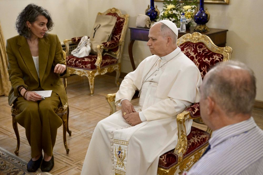Pope Leo XIV meets with abuse victims at the Apostolic Nunciature in Madrid June 8, 2026, during his June 6-12 apostolic journey to Spain. (OSV News/Vatican Media/Simone Risoluti)