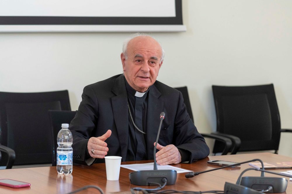 Archbishop Vincenzo Paglia, then president of the Pontifical Academy for Life, speaks to reporters at the academy's office at the Vatican May 14, 2024. He served as president of the Pontifical Academy for Life and grand chancellor of the Pontifical John Paul II Institute for Studies on Marriage and the Family from 2016 to 2025. (CNS/Courtesy of the Pontifical Academy for Life)