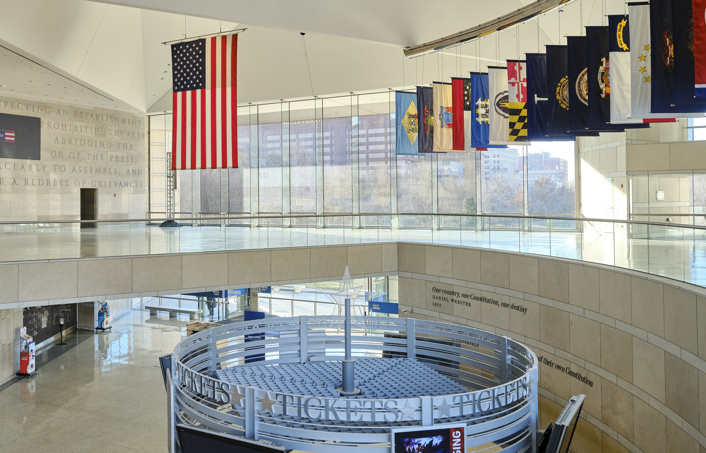 The National Constitution Center's Kenneth C. Griffin Great Hall Overlook features flags representing each U.S. state in order of when they joined the Union. (Courtesy of the National Constitution Center)