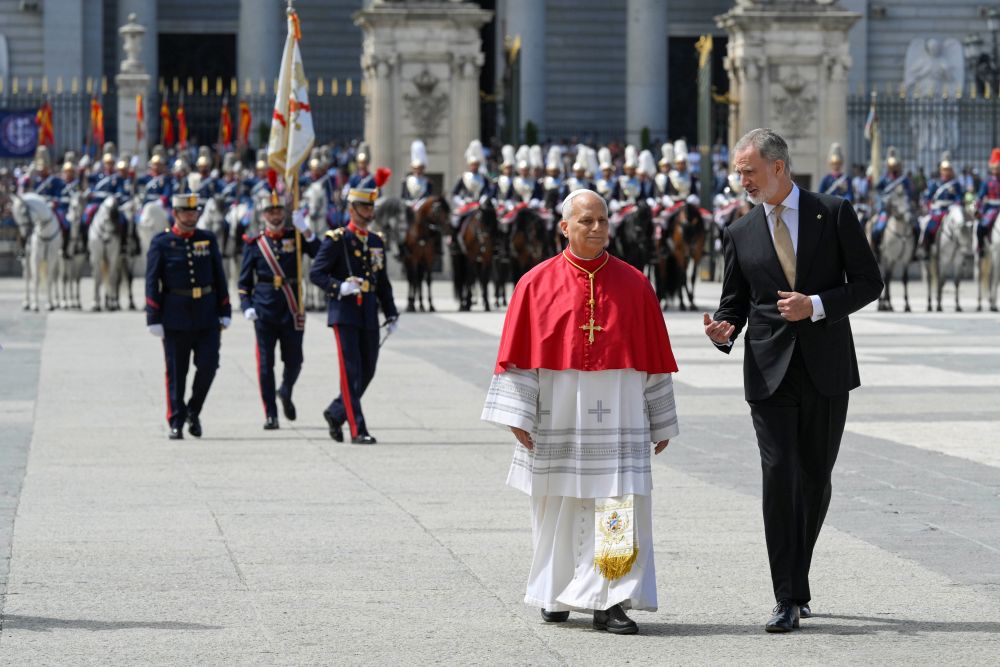 Spain's King Felipe VI walks with Pope Leo XIV as the pontiff arrives at the Royal Palace in Madrid June 6, 2026, as he begins his apostolic journey. (OSV News/Vatican Media/Elisabetta Trevisan)