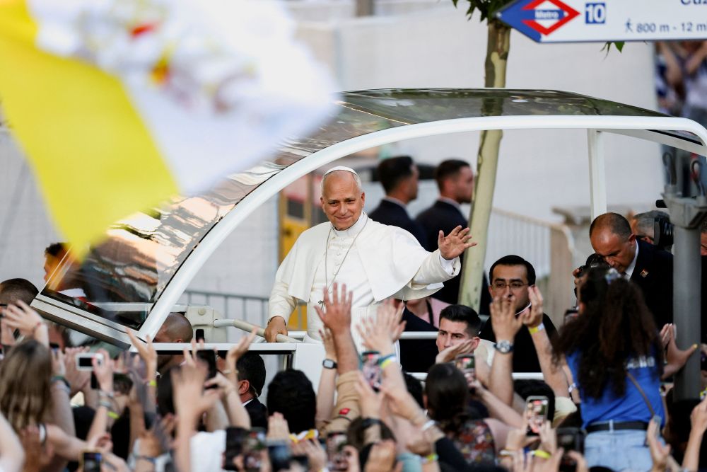 Pope Leo XIV holds a prayer vigil at Plaza de Lima in Madrid June 6, 2026, during his apostolic journey to Spain. (OSV News/Reuters/Mohammad Salem)