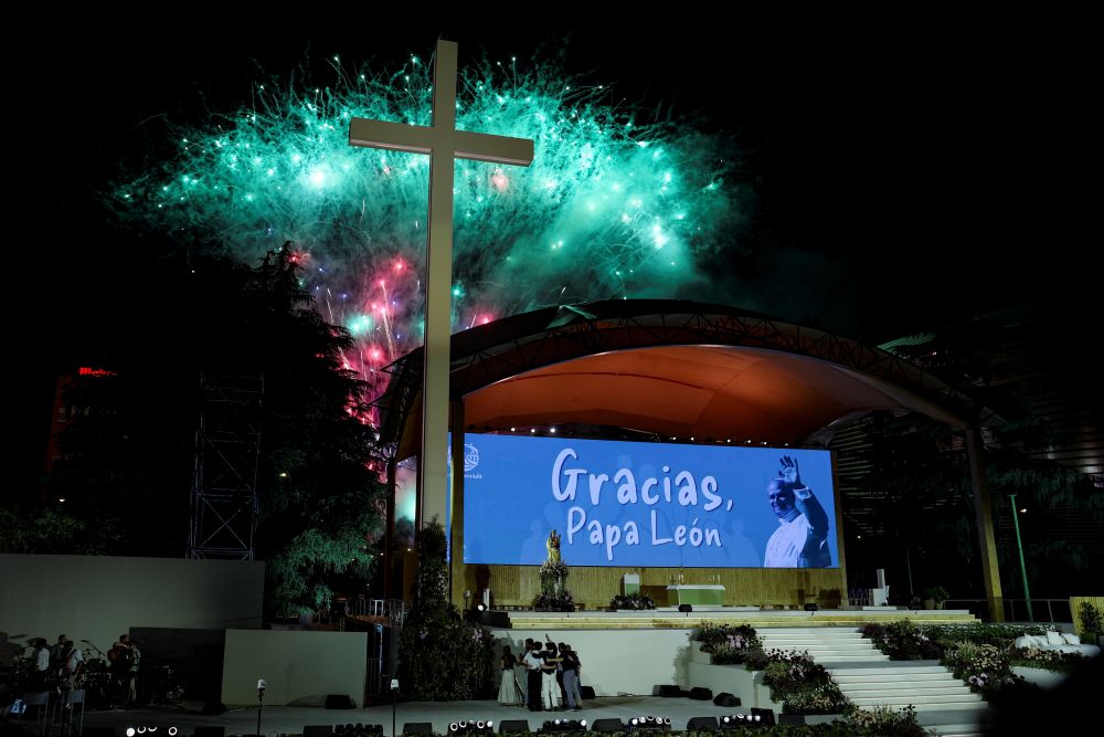 Fireworks explode at the end of a prayer vigil held by Pope Leo XIV at Plaza de Lima in Madrid June 6, 2026, during his apostolic journey to Spain. (OSV News photo/Reuters/Mohammed Salem)