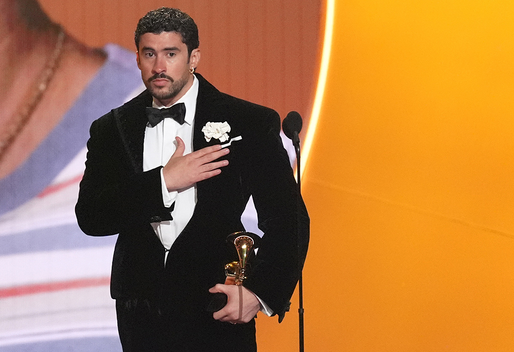 Bad Bunny accepts the award for album of the year for "Debí Tirar Más Fotos" during the 68th annual Grammy Awards on Sunday, Feb. 1, 2026, in Los Angeles. Pope Leo XIV met with Bad Bunny during his final hours in Madrid, June 9, 2026. (AP photo/Chris Pizzello)