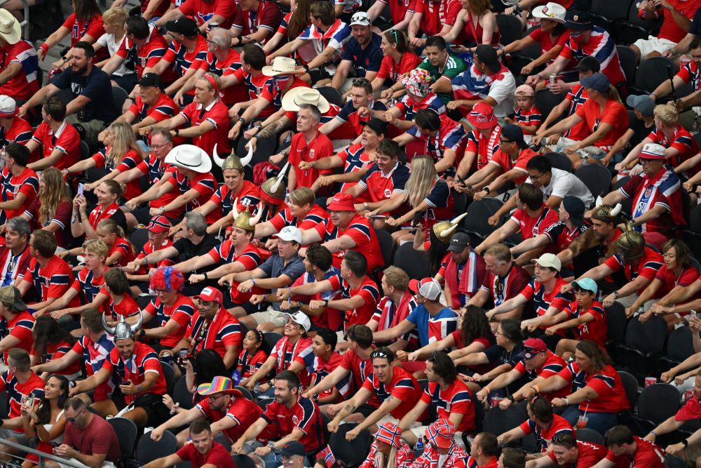 Norway fans perform a viking boat row before the World Cup round of 32 soccer match between Ivory Coast and Norway in Arlington, Texas, near Dallas June 30, 2026. (AP/Jessica Tobias)