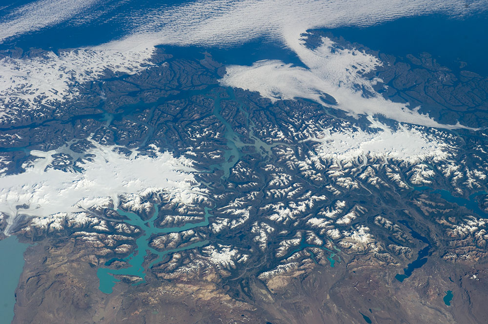 The Southern Patagonian Ice Field, left, and the smaller Northern Patagonian Ice Field, right, are seen in a 2014 view from the International Space Station. (Wikimedia Commons/NASA)